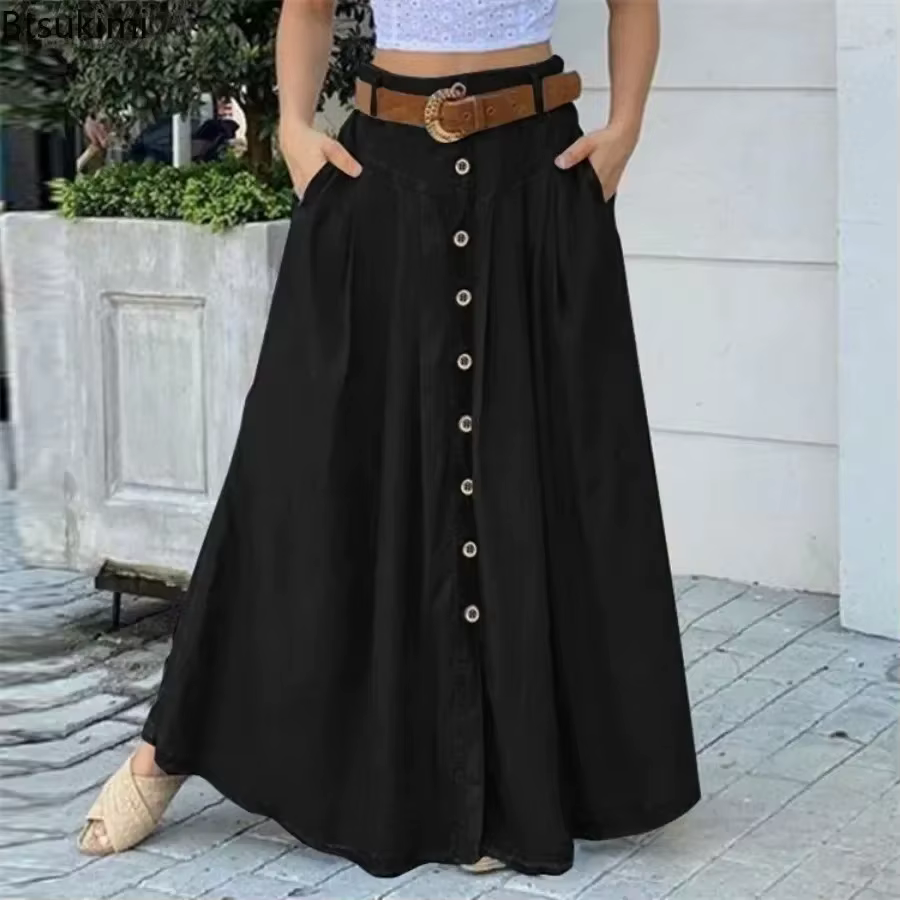 Nouvelles jupes longues 2026 pour femmes, grande taille, printemps-été, robe décontractée boutonnée, jupe taille haute unie, élégante robe de soirée pour femme
