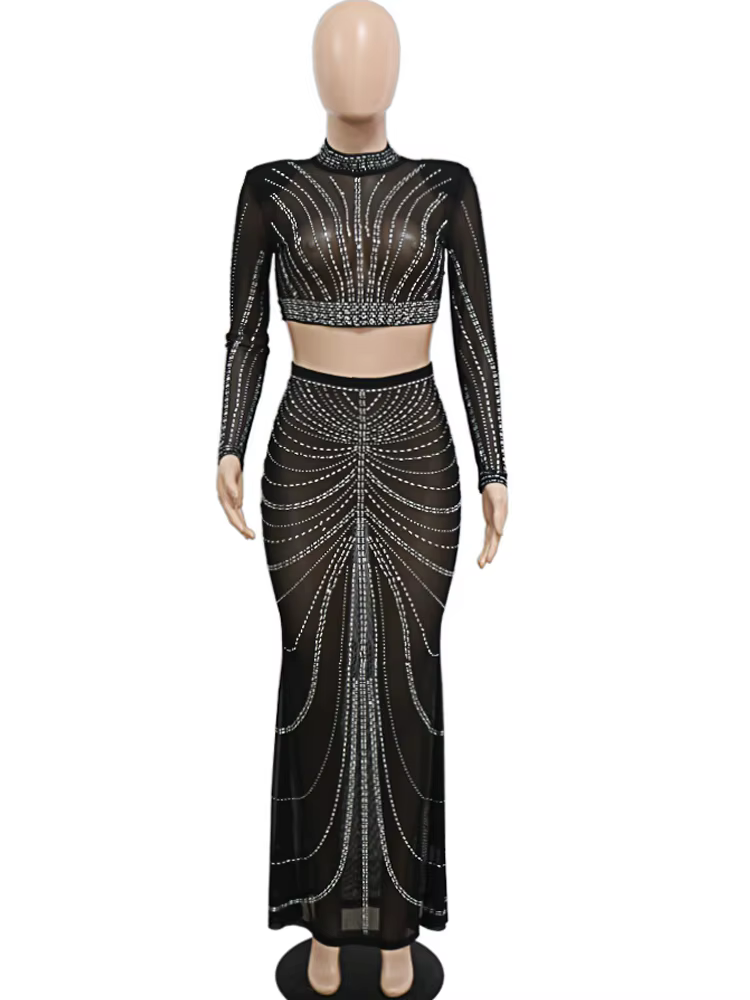 Kricesseen-Ensemble jupe transparente en cristal biscuits noir brillant pour femme