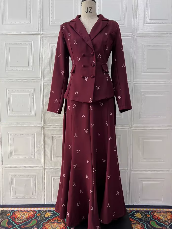 Femmes jupe longue costume veste 2 pièces Ensemble imprimé tenues haut jupes Blazer manteau musulman Double boutonnage à lacets Eid Ensemble modeste
