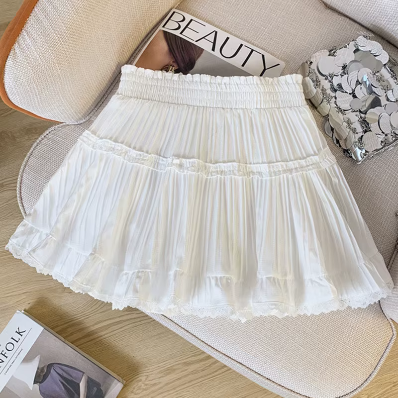 Mode coréenne taille élastique jupes plissées femmes été couleur unie dentelle Mini jupe femme douce une ligne Shorts