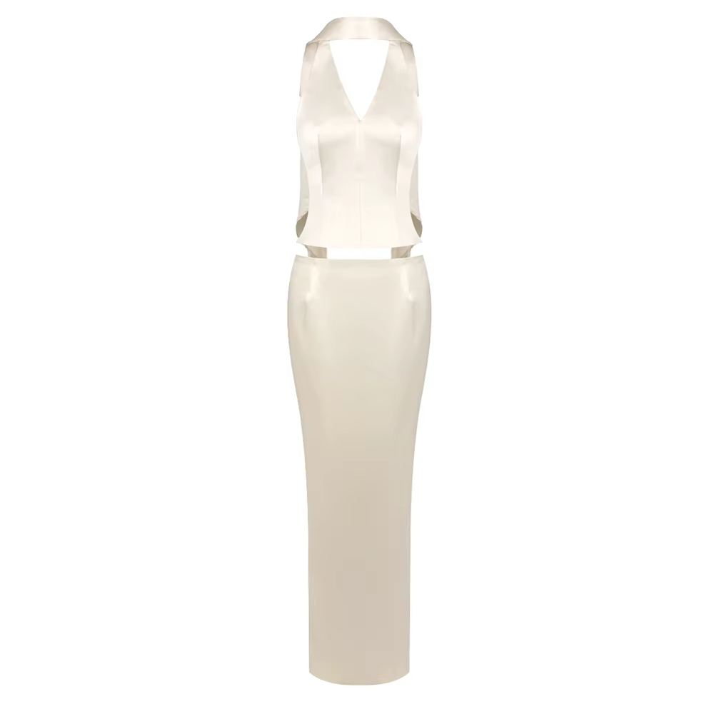Ensemble 2 pièces en satin pour femme : haut court dos nu en V profond et jupe longue sirène taille haute