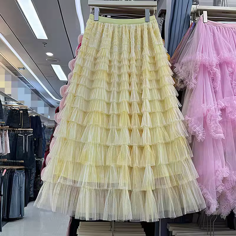 Jupes mi-longues en tulle à plusieurs niveaux – Jupe d'été trapèze à ourlet évasé en dentelle avec taille haute pour femme