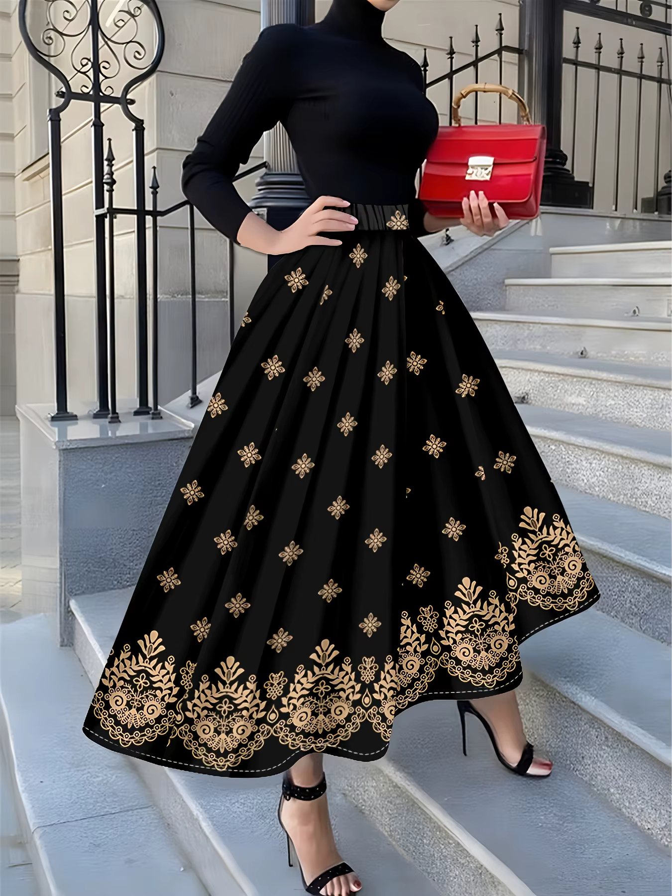 Jupe noire à imprimé floral pour femme