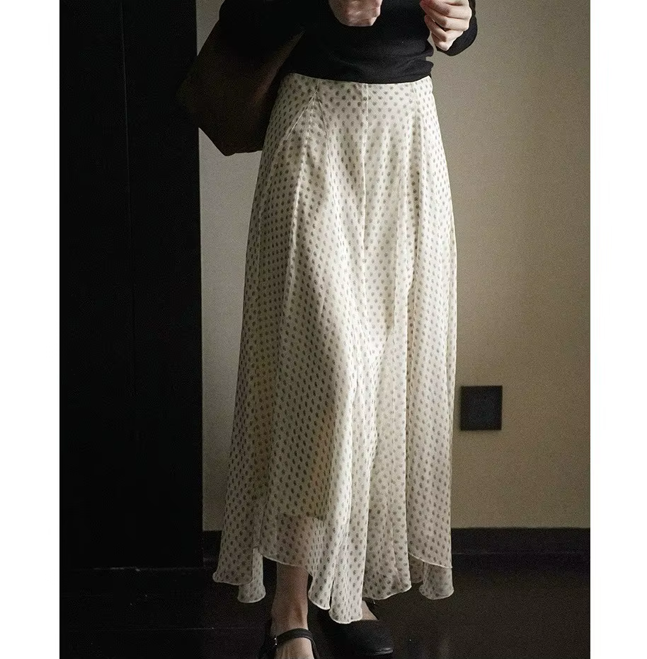 Jupe longue midi imprimée drapée irrégulière de style français pour femme