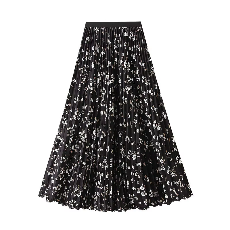 Jupe longue plissée mi-longue taille haute à imprimé floral coréen pour femme, style bohème, avec large ourlet et taille élastique