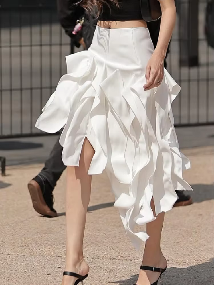 Jupe mi-longue asymétrique à volants cascade taille haute pour femme