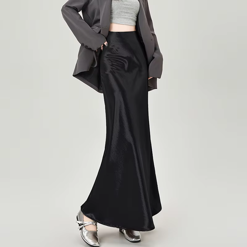 Jupe longue trapèze en satin à taille haute élastique pour femme