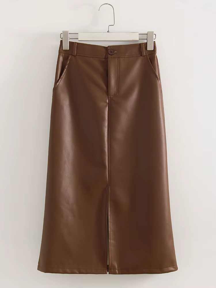 Jupes longues en cuir pour femmes marron haute qualité PU Midi jupe moulante avant fendu taille