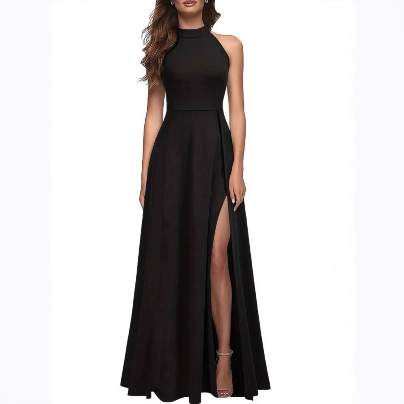Robe de soirée longue à col haut et fente latérale de couleur unie pour femmes - Robe élégante et amincissante pour banquets et fêtes