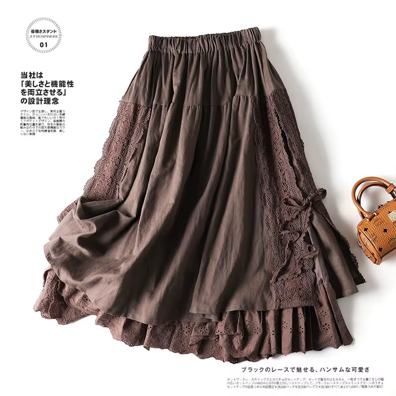 Vintage Chic broderie lin coton jupes longues femmes été élastique taille haute plissée Maxi jupe femme élégante a-ligne
