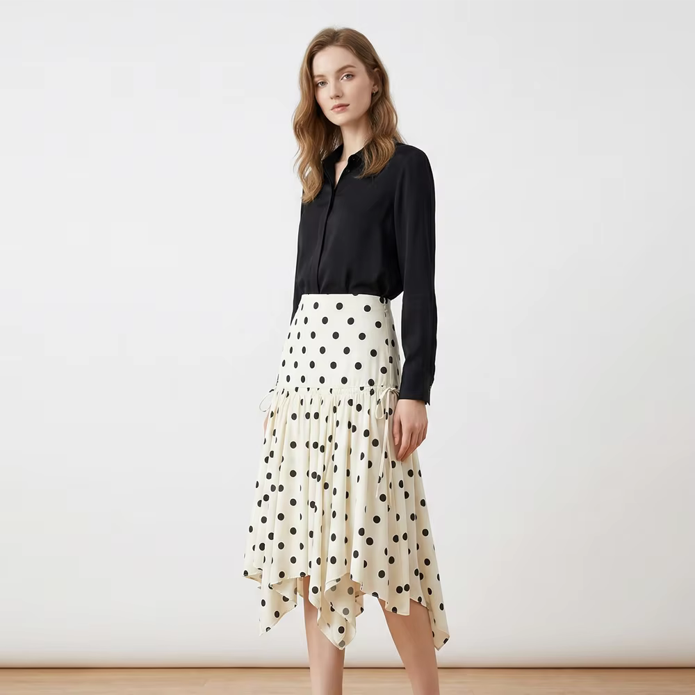 Jupe mi-longue décontractée pour femme, style vintage à pois, ourlet asymétrique, taille haute, cordon de serrage, fluide, blanc et noir, streetwear