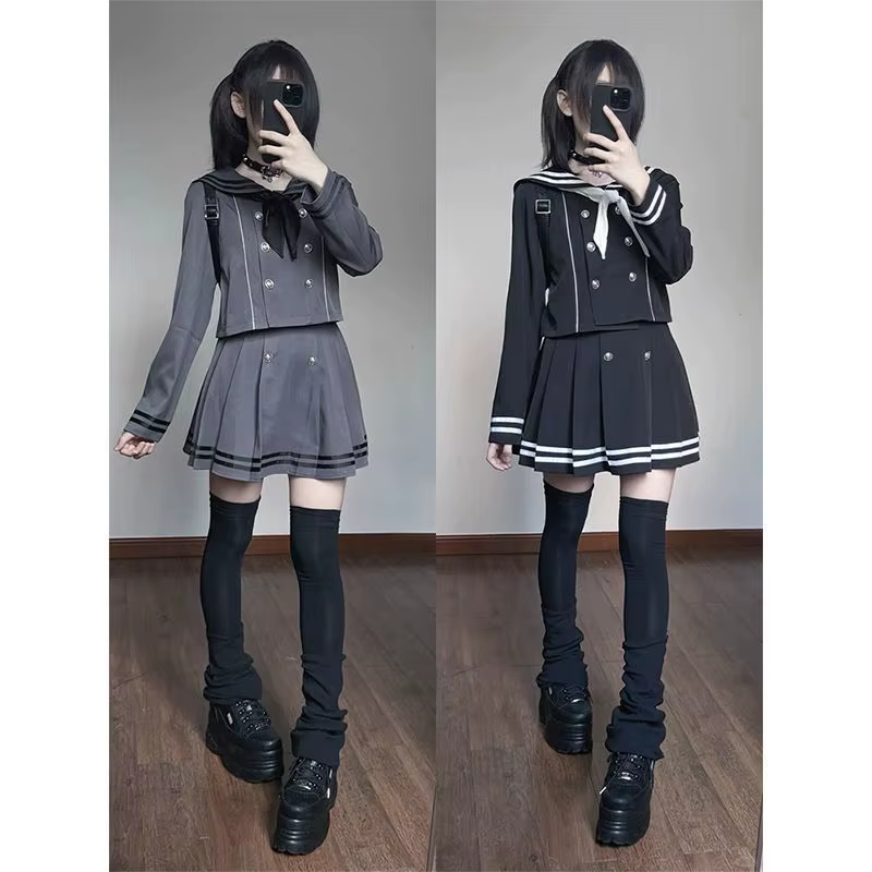 Ensemble 2 pièces style marin pour femme : haut croisé à nœud et jupe plissée mini à manches longues – Tenue chic quotidienne pour l'automne