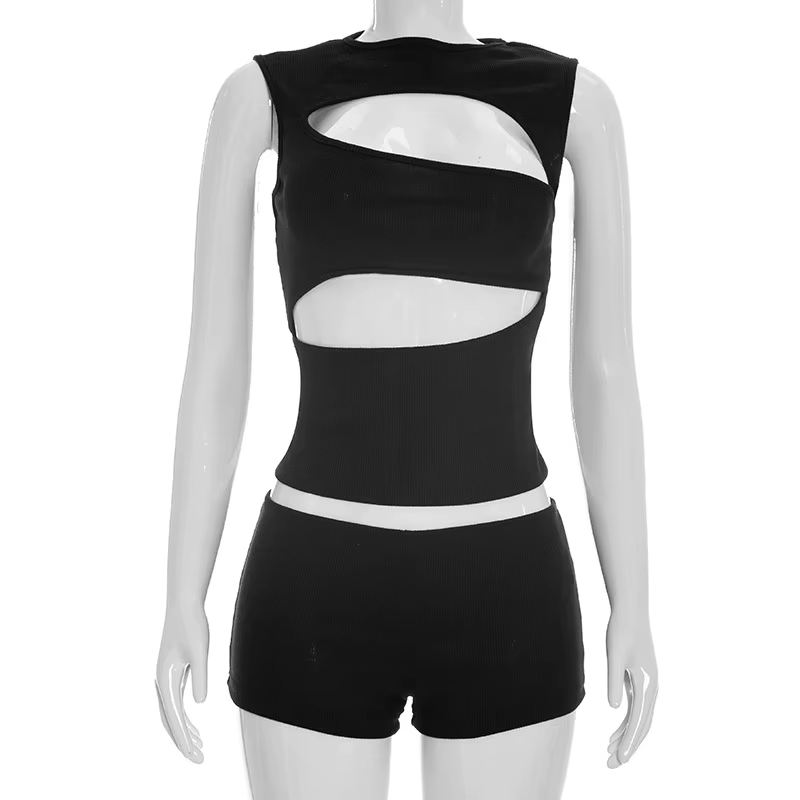 Ensemble décontracté côtelé 2 pièces Joskaa pour femme – Nouveauté été 2026 – Débardeur sexy ajouré + short assorti – Tenue de plage et streetwear