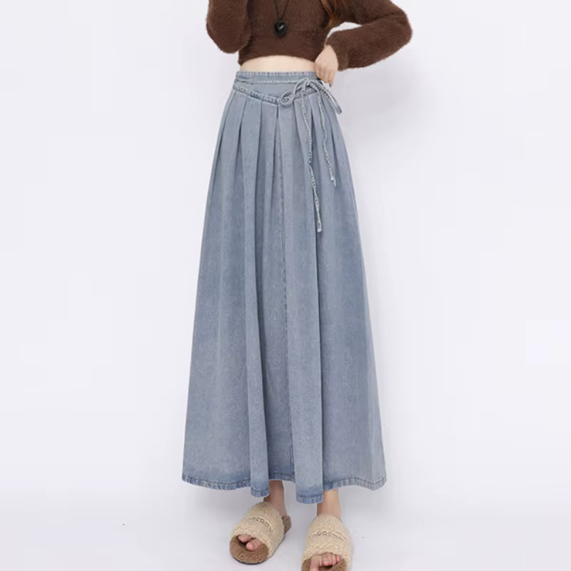 Corset à lacets Midi jupes longues femmes printemps été Style coréen Vintage taille haute Jean jupe a-ligne à volants