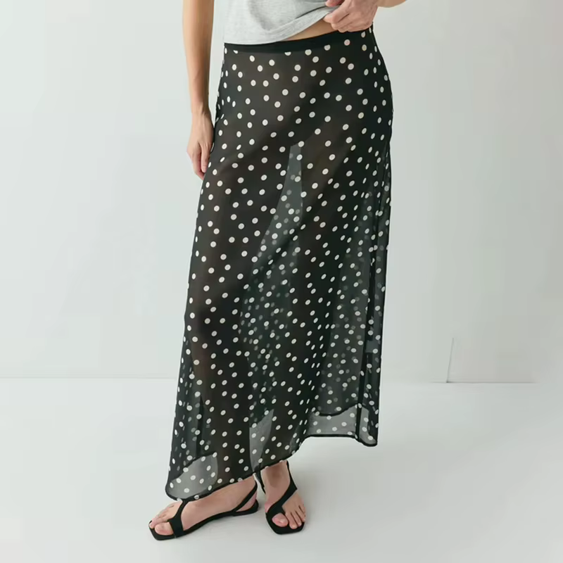 Jupe longue en mousseline transparente à pois pour femme