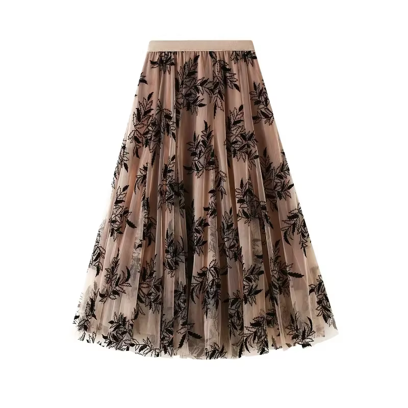 Jupe longue en mousseline imprimée floquée pour femme