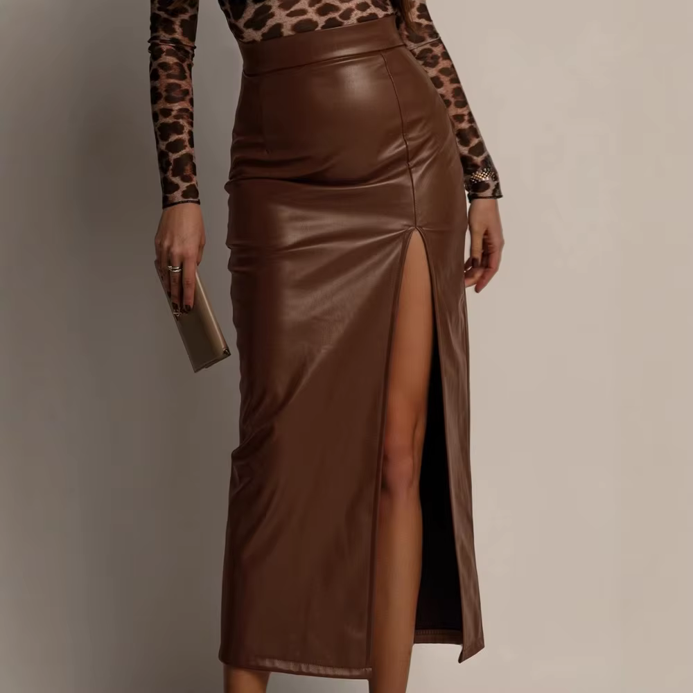 Jupe mi-longue en cuir Pu pour femmes