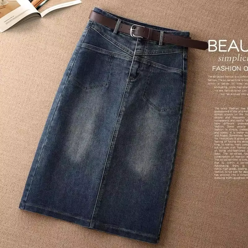 Jupe en jean mi-longue avec poche ronde pour femme