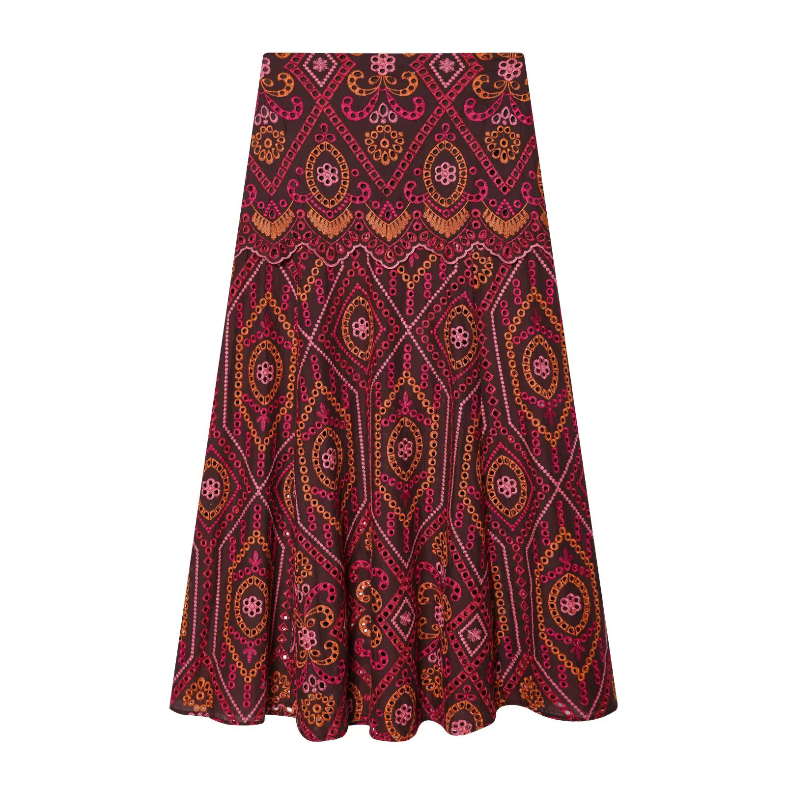 Haut brodé à col rond sans manches et jupe midi évasée assortie style ethnique estival pour femmes juniors occasions spéciales