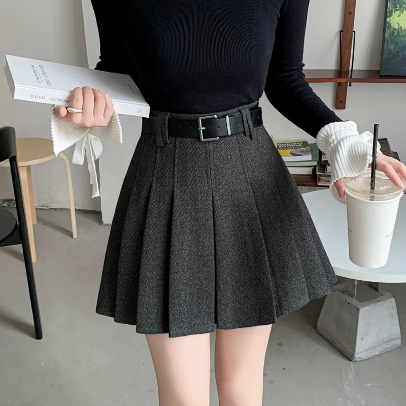 Vintage hiver plissé Mini jupe femmes Streetwear taille haute laine mignon patineuse jupes avec short ceinture gris noir