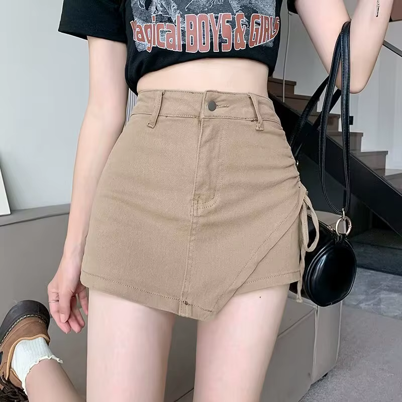 Jupe courte en jean taille haute coupe trapèze pour femme