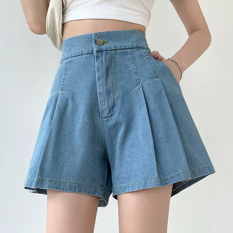 Short denim ample ISUREYOUNG pour femmes, style doux, bleu ciel ou profond, taille haute, plissé, ajusté, pour été, plage, soirées, polyvalent