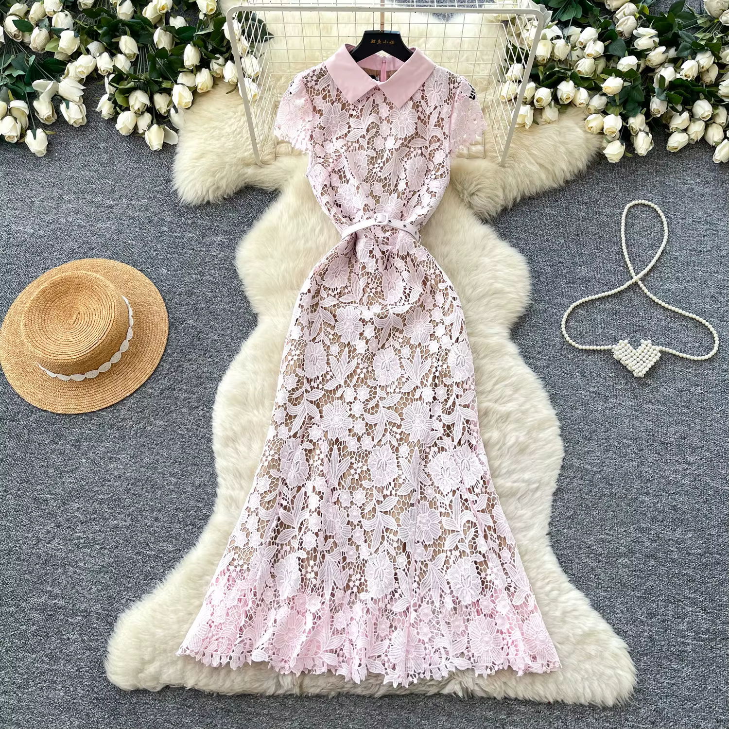 Robe longue rose pour femme avec col à revers