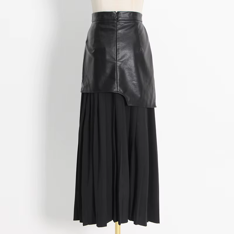 Nouvelle jupe plissée color-block avec inserts en cuir pour femme