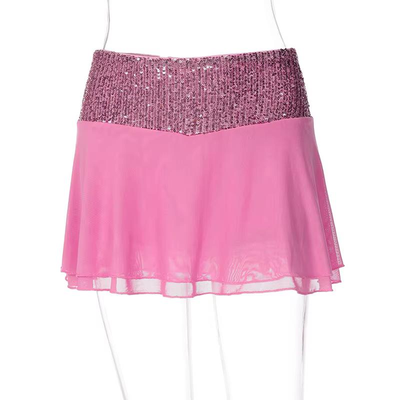 Ensemble 2 pièces sexy pour femme : Haut caraco à sequins et mini-jupe plissée, bustier col en V – Tenue audacieuse pour soirée en boîte de nuit, été 2026