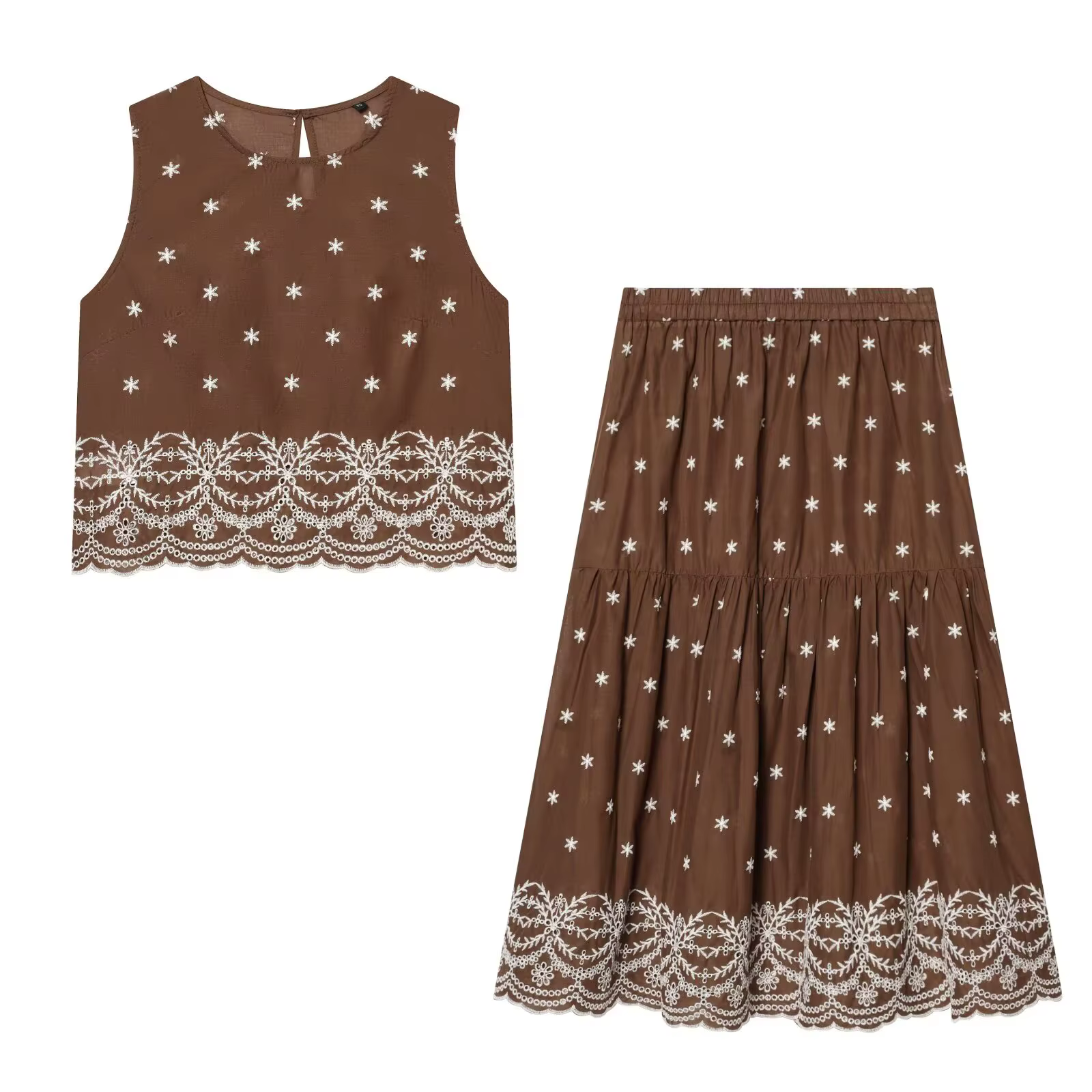 Ensemble jupe de vacances pour femme HH – Haut court sans manches à col rond et broderie ajourée +