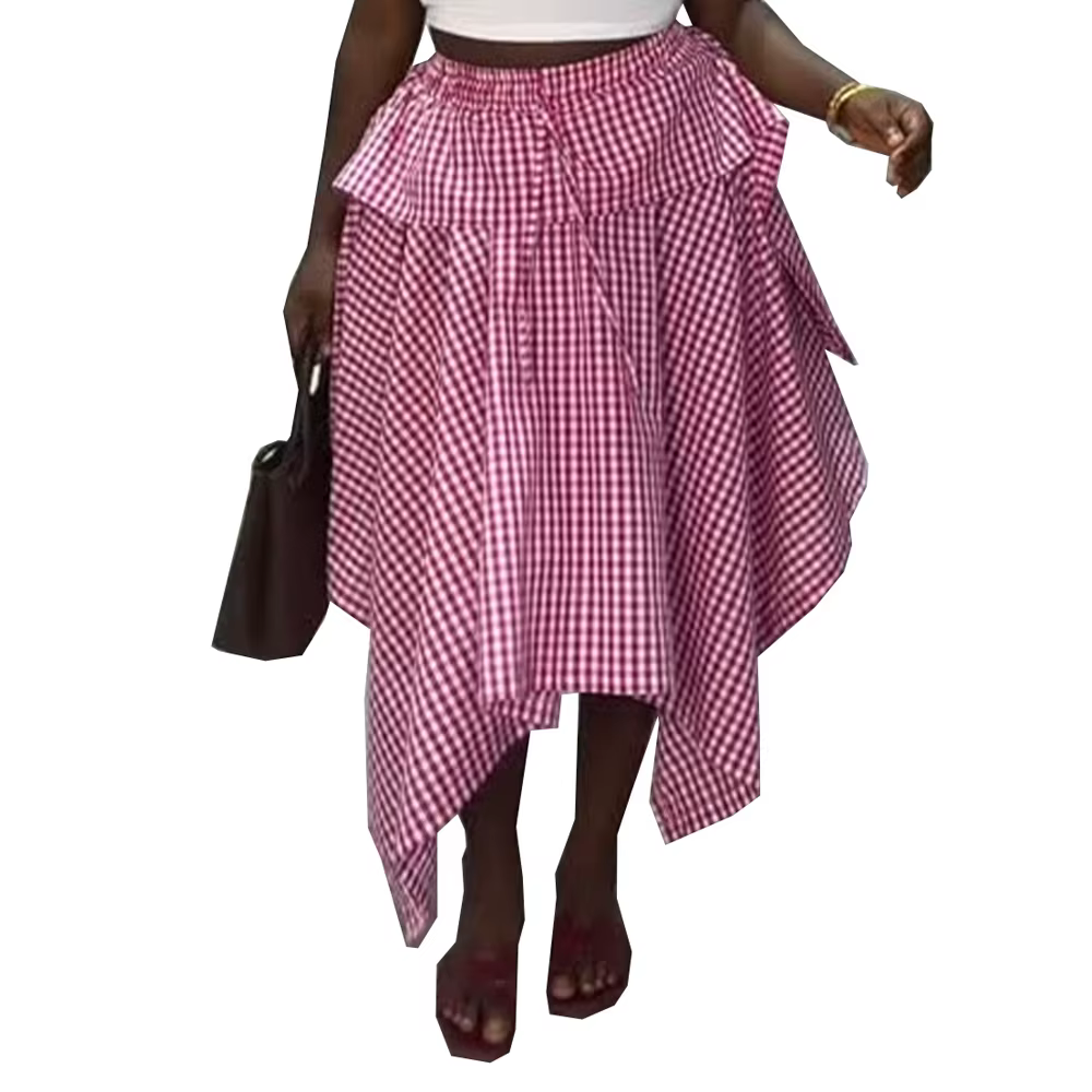 Jupe longue plissée évasée taille haute pour femme, coupe trapèze, asymétrique, décontractée d'été, à taille élastique, à carreaux