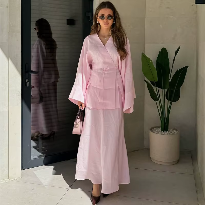 Mode col en v à lacets haut jupe femmes ensemble élégant solide longue chemise sans manches