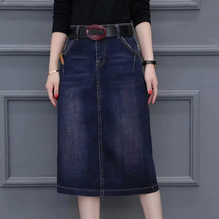 Cowboy jupe midi mi-longue 2025 nouveau printemps été Denim enveloppé hanche taille haute fendue a-ligne