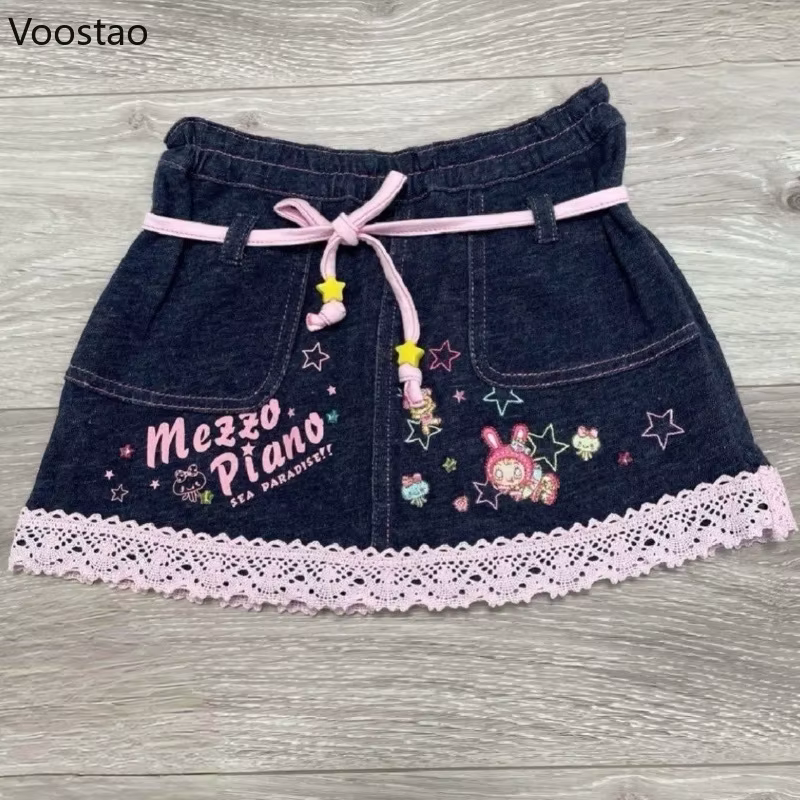 Jupe en jean style Lolita japonais kawaii pour femmes, mini jupe de fête en dentelle, dessin animé doux et mignon, à volants, occassions spéciales printemps été