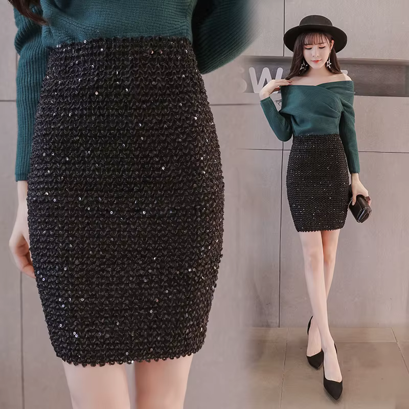 Jupes mi-longues à sequins pour femmes, jupe ronde, taille haute, vêtements élastiques, mode coréenne, chic et élégante, hanche serrée, sexy