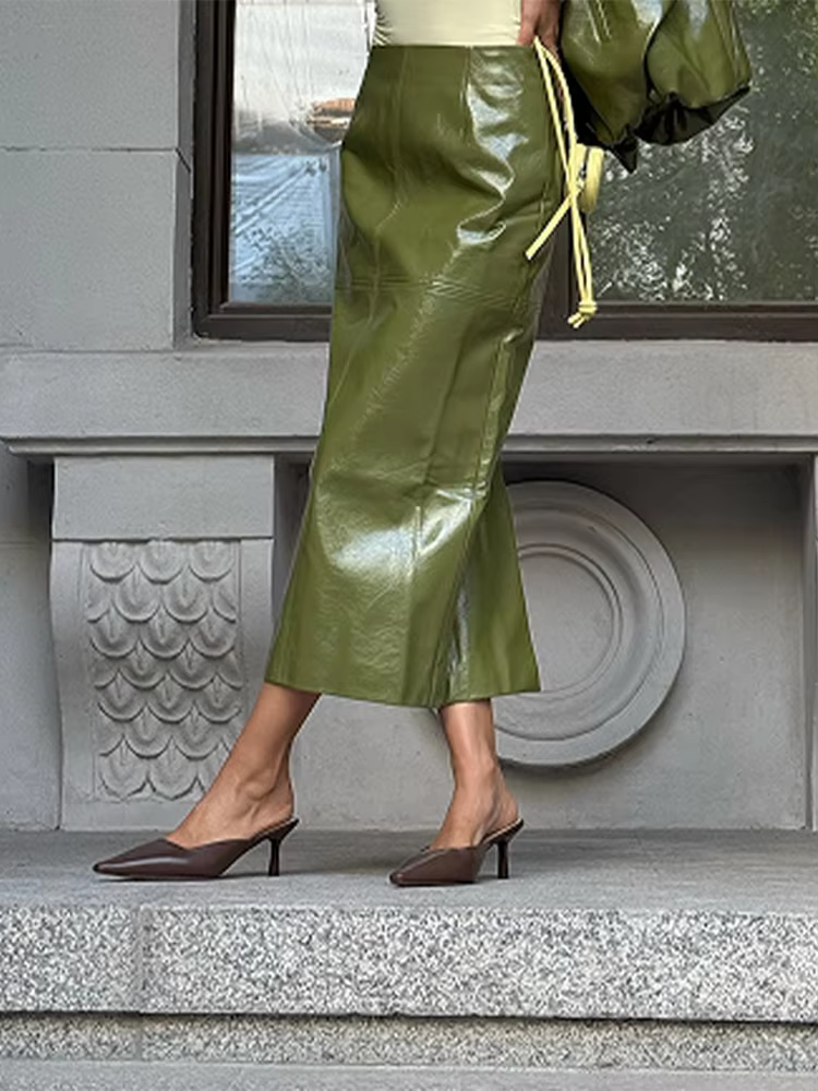 Ensemble jupe en cuir vert Vintage pour femmes