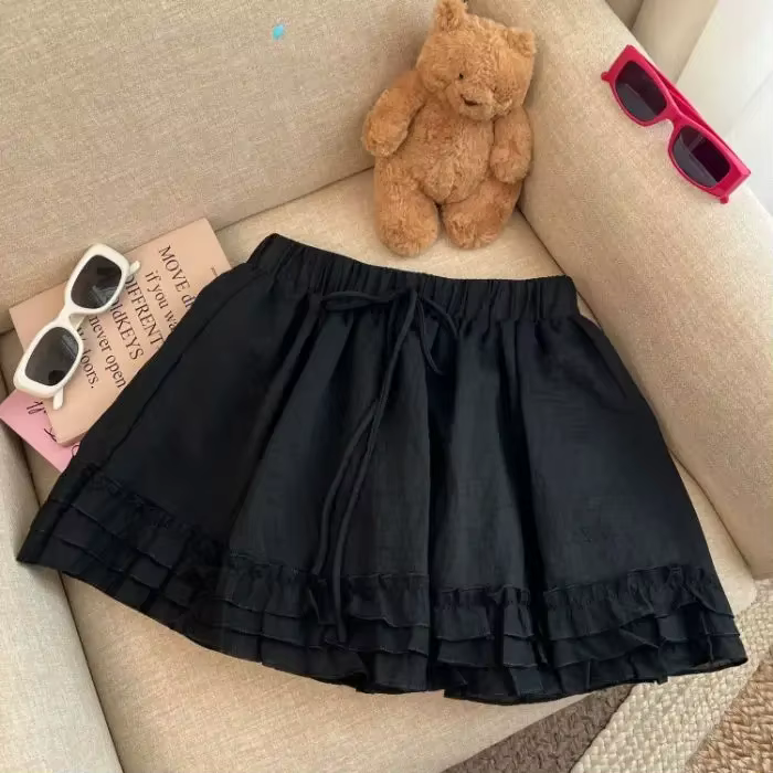 Jupe courte trapèze style doux avec ceinture et dentelle pour femme