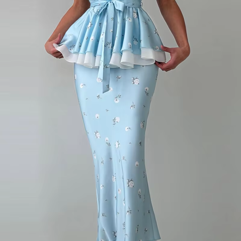 Ensemble de jupes pour femmes à imprimé floral et volants, hauts élégants à col en V et manches courtes avec lacet à la taille, jupe longue ajustée, nouvelles tenues 2026 pour soirées officielles