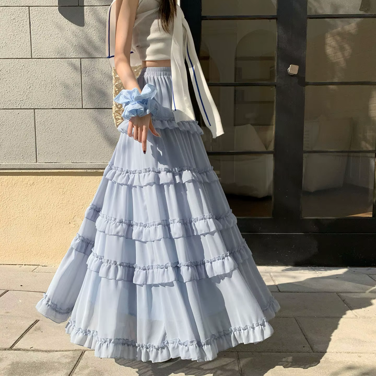 Jupe longue en mousseline à volants style de rue coupe trapèze fluide pour femmes printemps été 2026 occassions spéciales