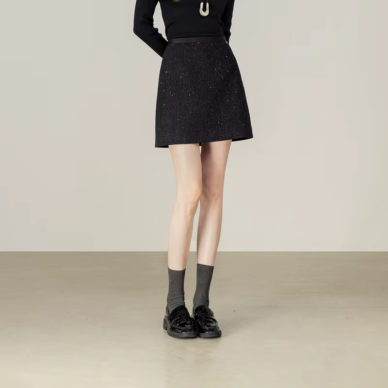 Jupe Courte Femme SENTUBILA en Mélange de Laine Hiver 2026 Nouvelle Collection Coupe Évasée Ample Douce Épaisse Chaude