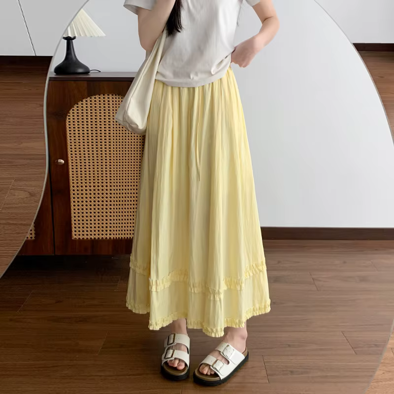 Jupe longue décontractée pour femme, couleur unie, à volants, taille élastique, coupe trapèze, jaune clair, pour printemps, été et vacances à la plage