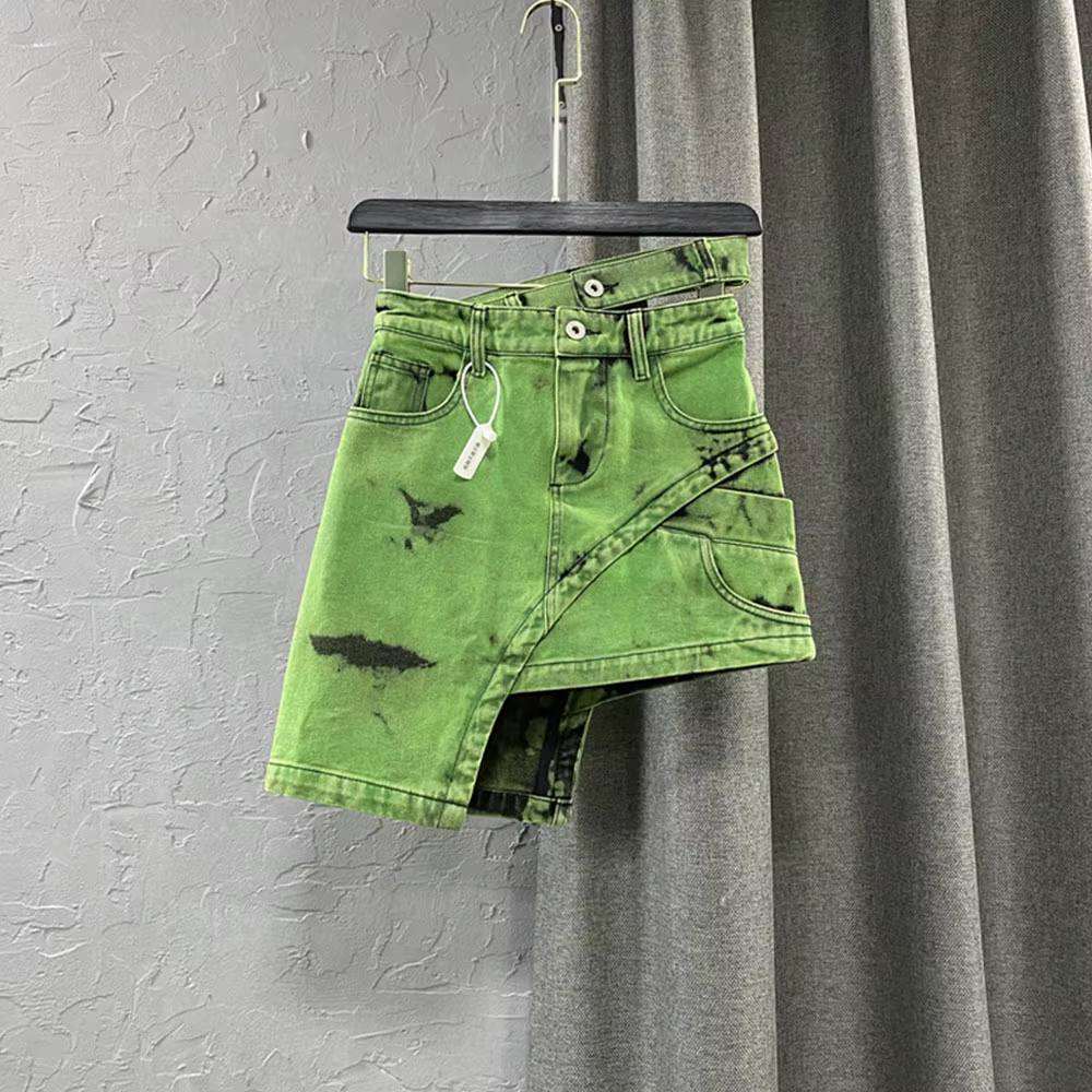 Jupe courte asymmetrique en denim vert pour femmes style deconstruit pour l'ete occassions speciales et quotidienne