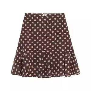 Jupe courte trapèze marron à pois pour femme