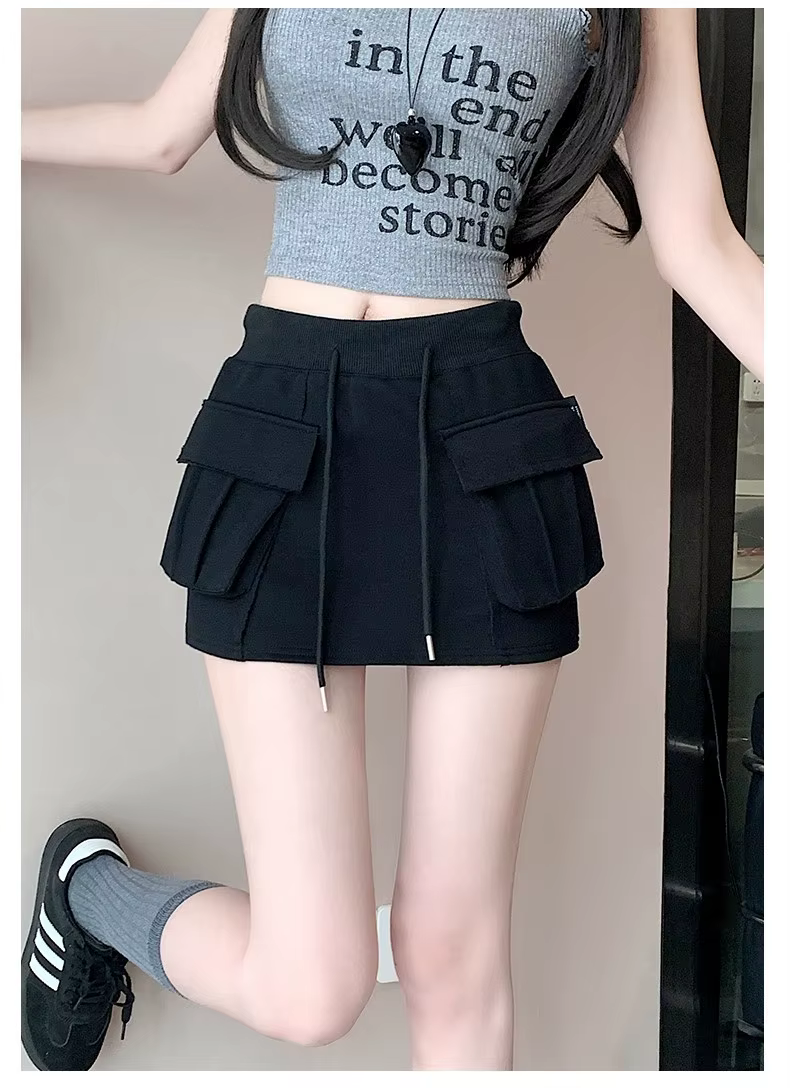 Jupe courte trapèze pour femme avec cordon de serrage et taille élastique