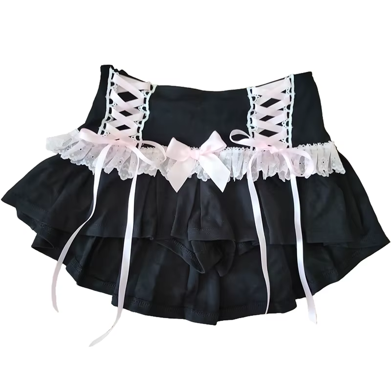 Jupe plissée mignonne fille douce taille haute bordure dentelle nœud rose style Lolita mini courte trapèze été occaions spéciales anniversaire rentrée scolaire fantaisie