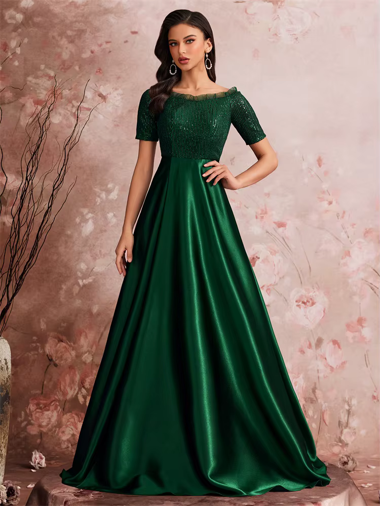 Robe de soirée de luxe en satin vert col en V pour femmes soirées officielles mariages bals cocktail épaules dénudées