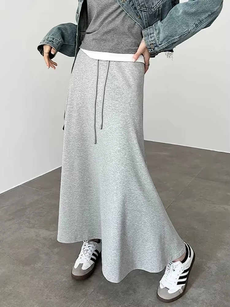 Décontracté coréen gris jupes longues femmes taille haute Style Preppy jupe mignonne printemps Vintage femme élégante Simple une ligne jupes