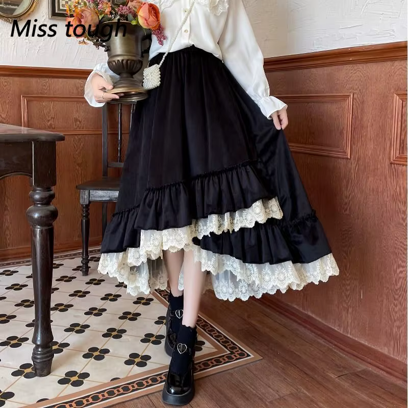 Jupe élégante Miss Tough en velours vintage à motifs en dentelle style A pour femmes mode coréenne Y2K et française