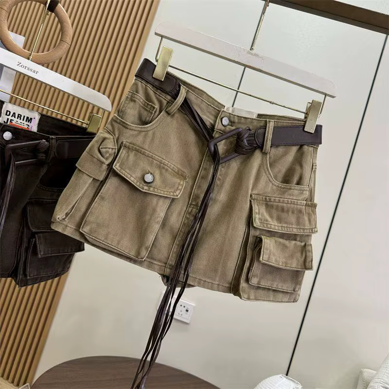 Femmes marron Cargo jupe 2000s Vintage Harajuku Gyaru taille haute