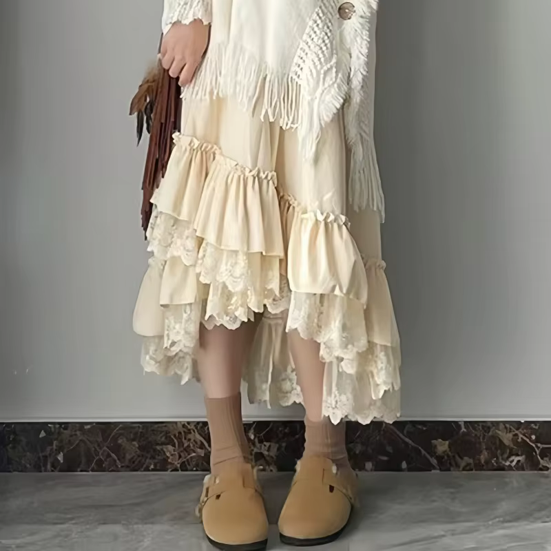 Jupes longues en dentelle à volants irréguliers vintage élégantes pour femmes automne hiver ligne a epaisse Y2K Mori filles